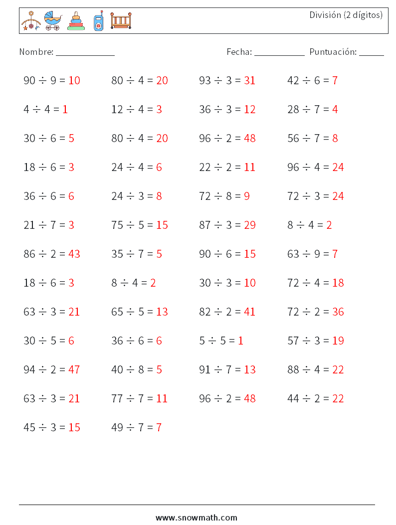 (50) División (2 dígitos) Hojas de trabajo de matemáticas 5 Pregunta, respuesta