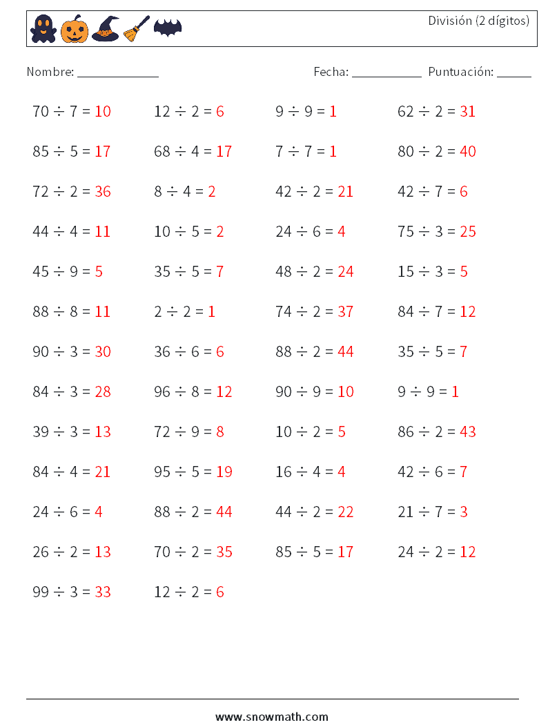 (50) División (2 dígitos) Hojas de trabajo de matemáticas 6 Pregunta, respuesta