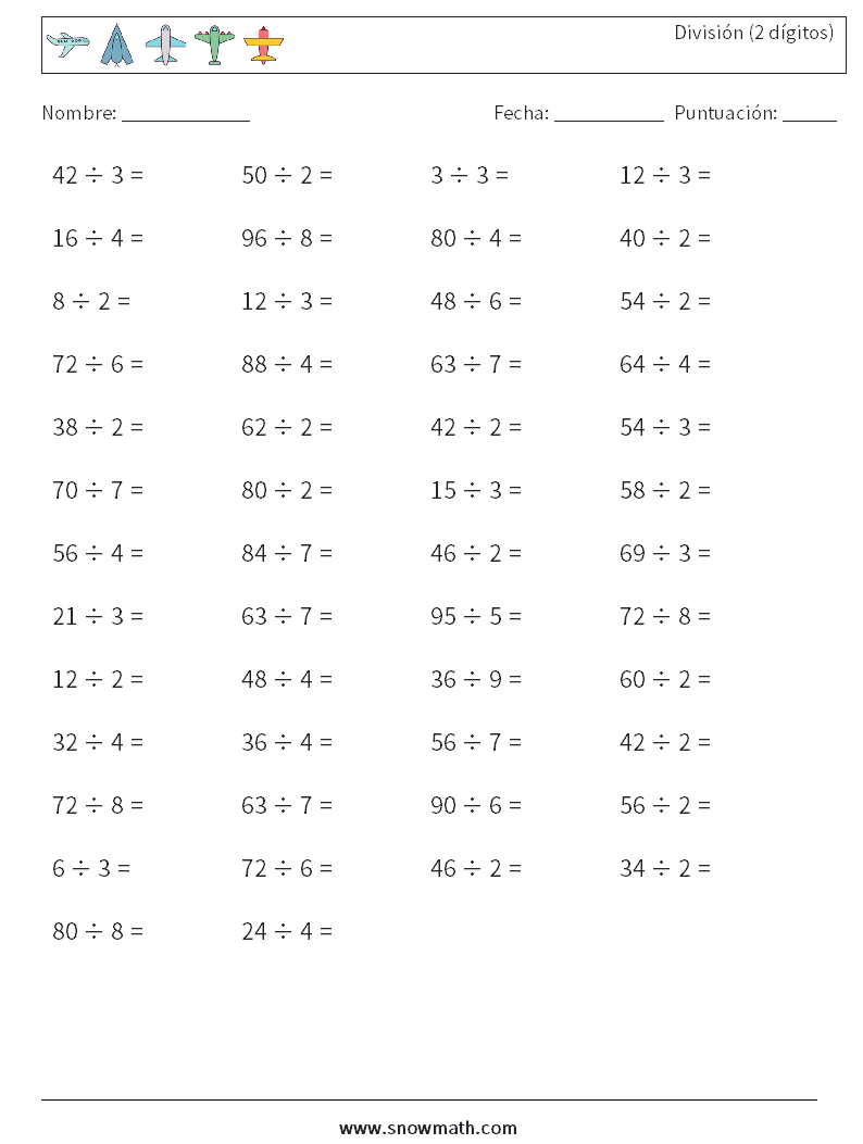 (50) División (2 dígitos) Hojas de trabajo de matemáticas 7