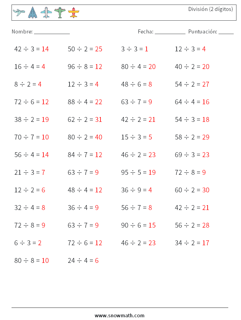 (50) División (2 dígitos) Hojas de trabajo de matemáticas 7 Pregunta, respuesta