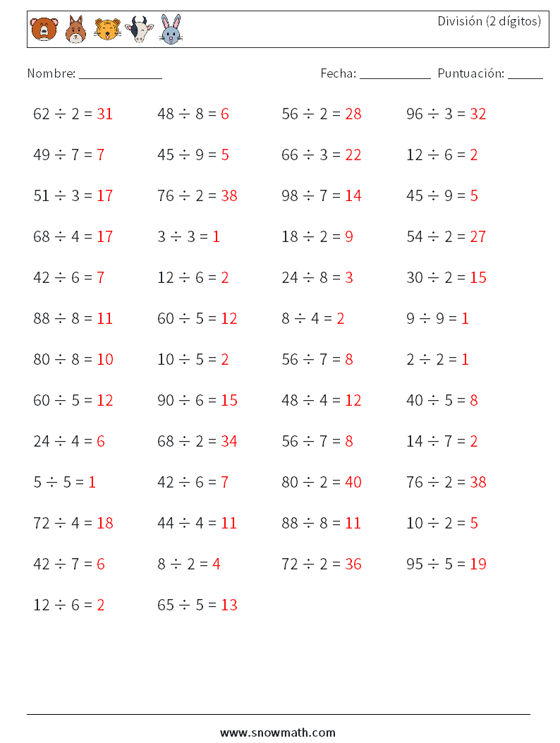 (50) División (2 dígitos) Hojas de trabajo de matemáticas 8 Pregunta, respuesta