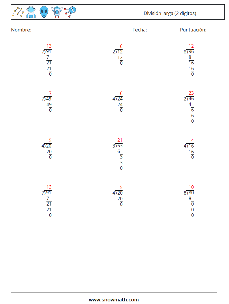 (12) División larga (2 dígitos) Hojas de trabajo de matemáticas 10 Pregunta, respuesta