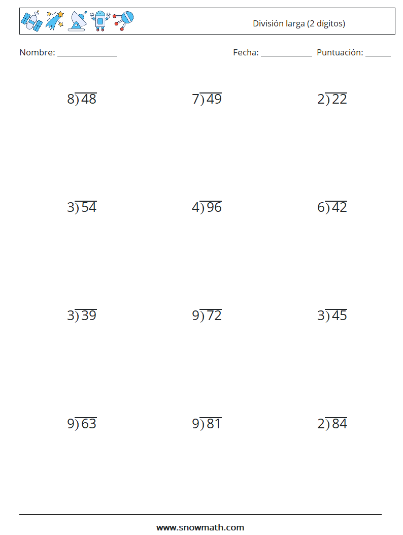 (12) División larga (2 dígitos) Hojas de trabajo de matemáticas 14