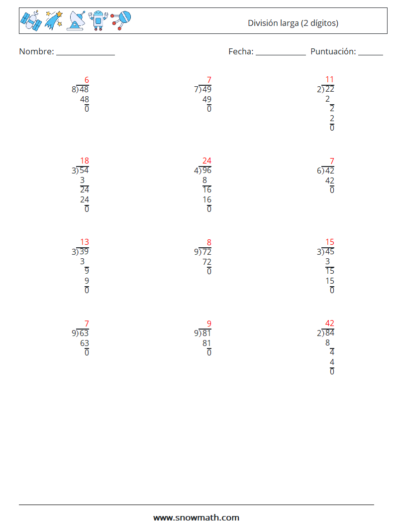 (12) División larga (2 dígitos) Hojas de trabajo de matemáticas 14 Pregunta, respuesta