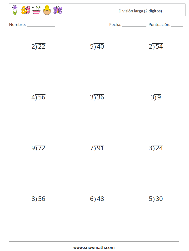 (12) División larga (2 dígitos) Hojas de trabajo de matemáticas 15