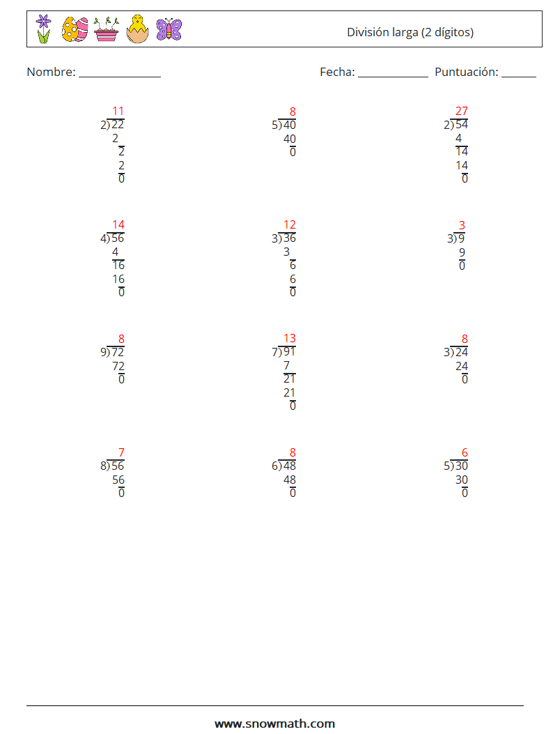 (12) División larga (2 dígitos) Hojas de trabajo de matemáticas 15 Pregunta, respuesta