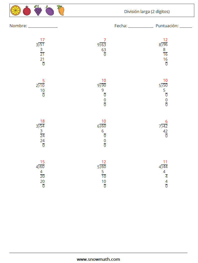 (12) División larga (2 dígitos) Hojas de trabajo de matemáticas 16 Pregunta, respuesta