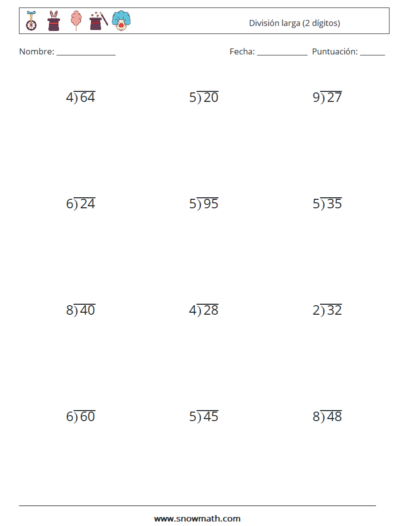 (12) División larga (2 dígitos) Hojas de trabajo de matemáticas 17
