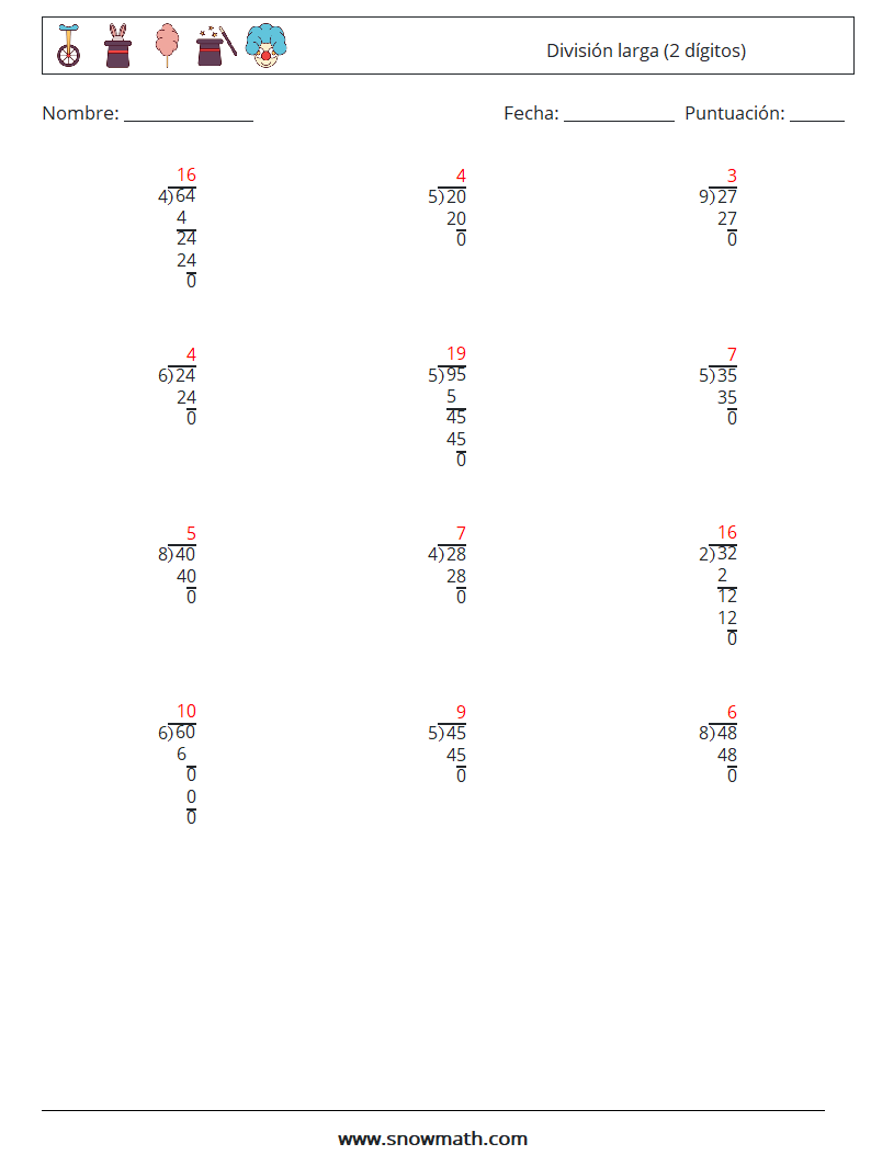 (12) División larga (2 dígitos) Hojas de trabajo de matemáticas 17 Pregunta, respuesta