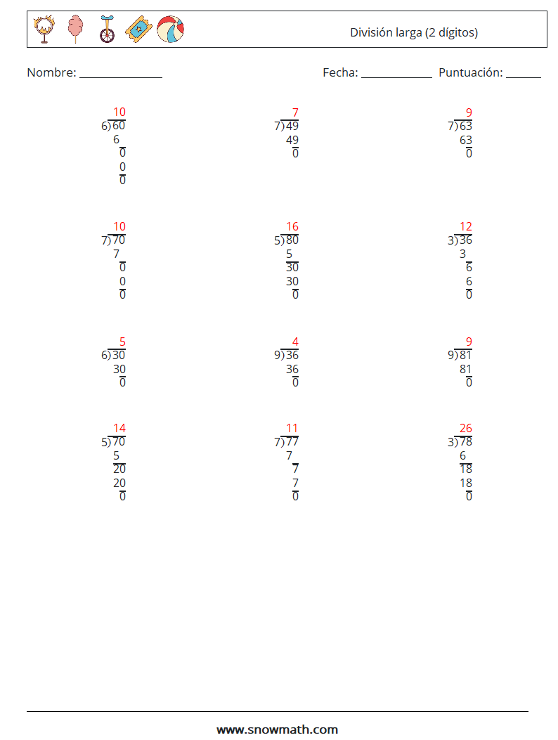 (12) División larga (2 dígitos) Hojas de trabajo de matemáticas 2 Pregunta, respuesta