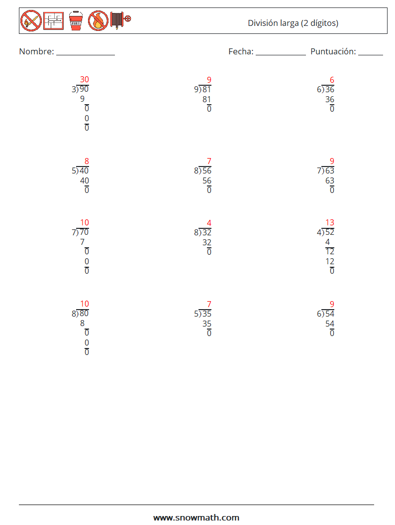 (12) División larga (2 dígitos) Hojas de trabajo de matemáticas 3 Pregunta, respuesta