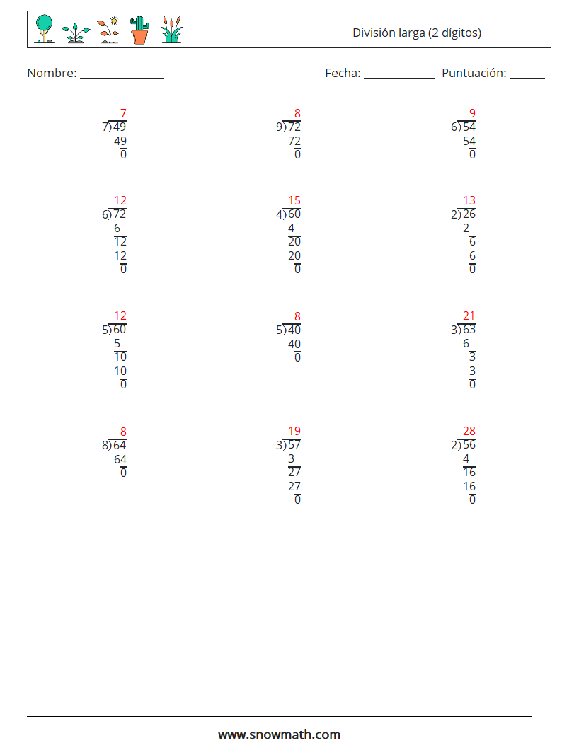 (12) División larga (2 dígitos) Hojas de trabajo de matemáticas 4 Pregunta, respuesta