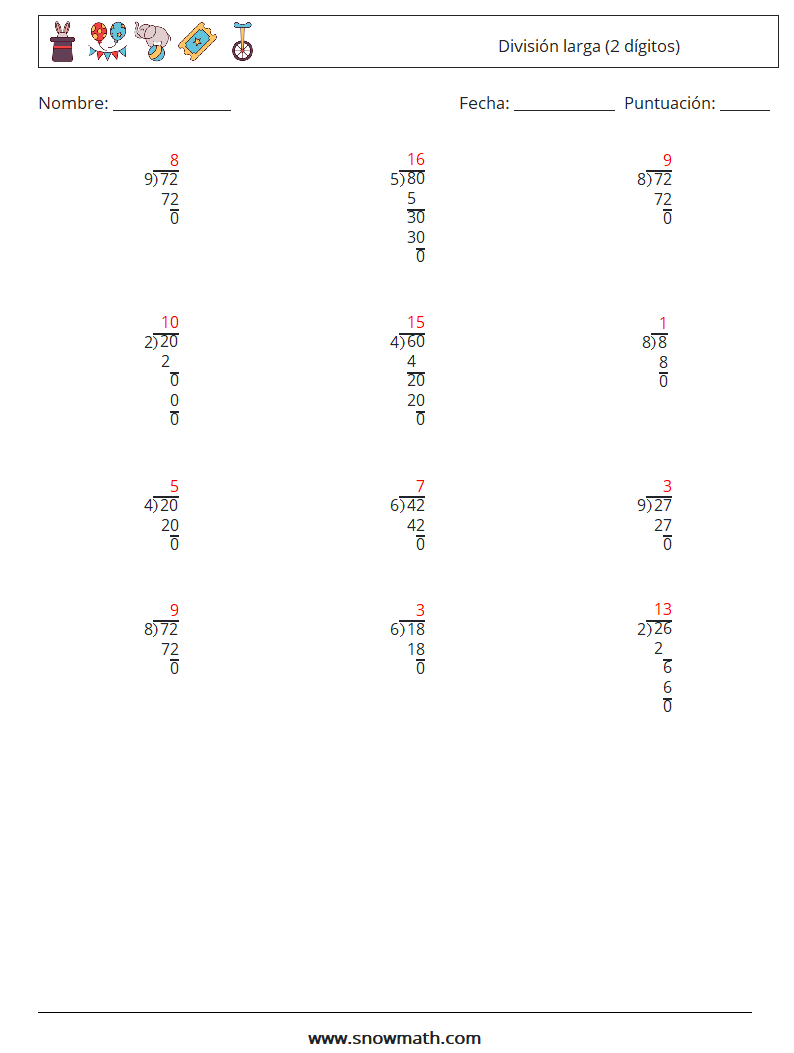 (12) División larga (2 dígitos) Hojas de trabajo de matemáticas 5 Pregunta, respuesta