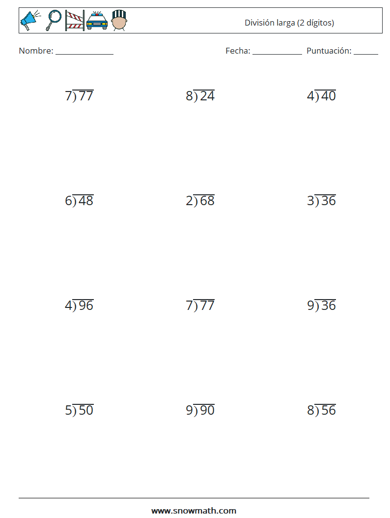 (12) División larga (2 dígitos) Hojas de trabajo de matemáticas 6