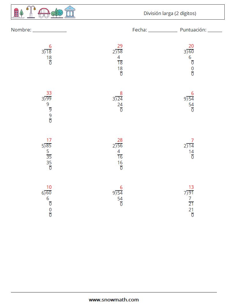 (12) División larga (2 dígitos) Hojas de trabajo de matemáticas 7 Pregunta, respuesta