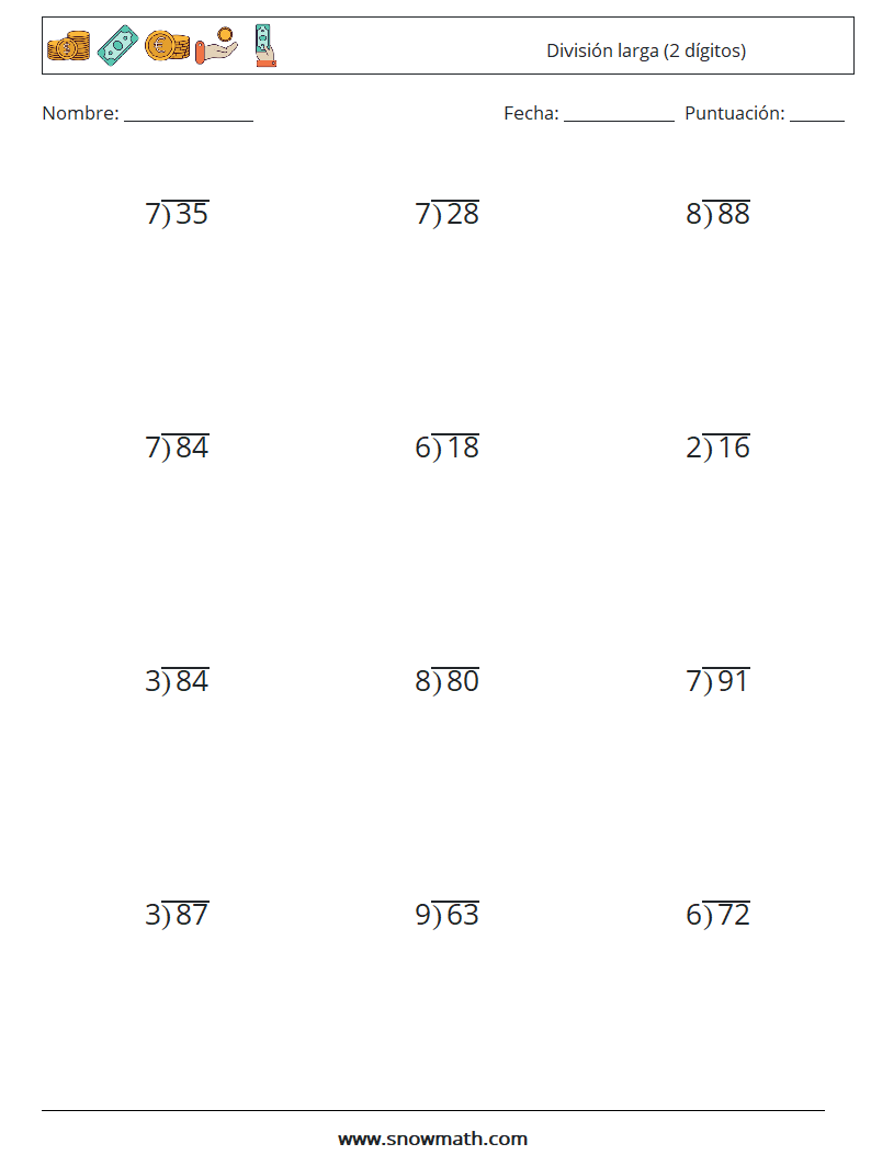 (12) División larga (2 dígitos) Hojas de trabajo de matemáticas 8