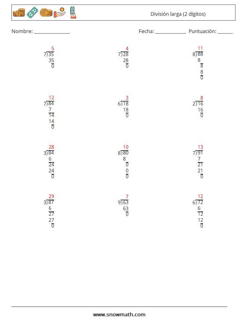 (12) División larga (2 dígitos) Hojas de trabajo de matemáticas 8 Pregunta, respuesta
