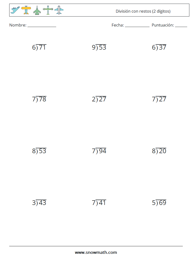 (12) División con restos (2 dígitos) Hojas de trabajo de matemáticas 11