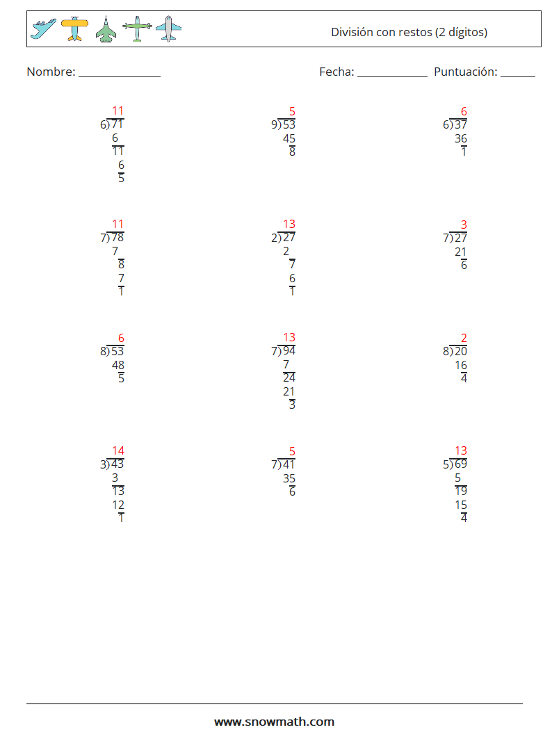 (12) División con restos (2 dígitos) Hojas de trabajo de matemáticas 11 Pregunta, respuesta