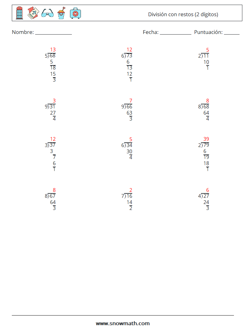 (12) División con restos (2 dígitos) Hojas de trabajo de matemáticas 17 Pregunta, respuesta