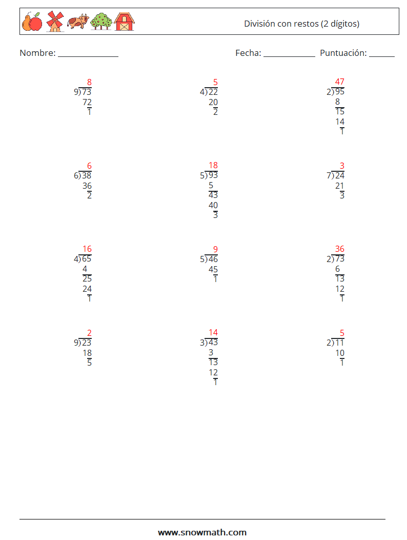 (12) División con restos (2 dígitos) Hojas de trabajo de matemáticas 18 Pregunta, respuesta