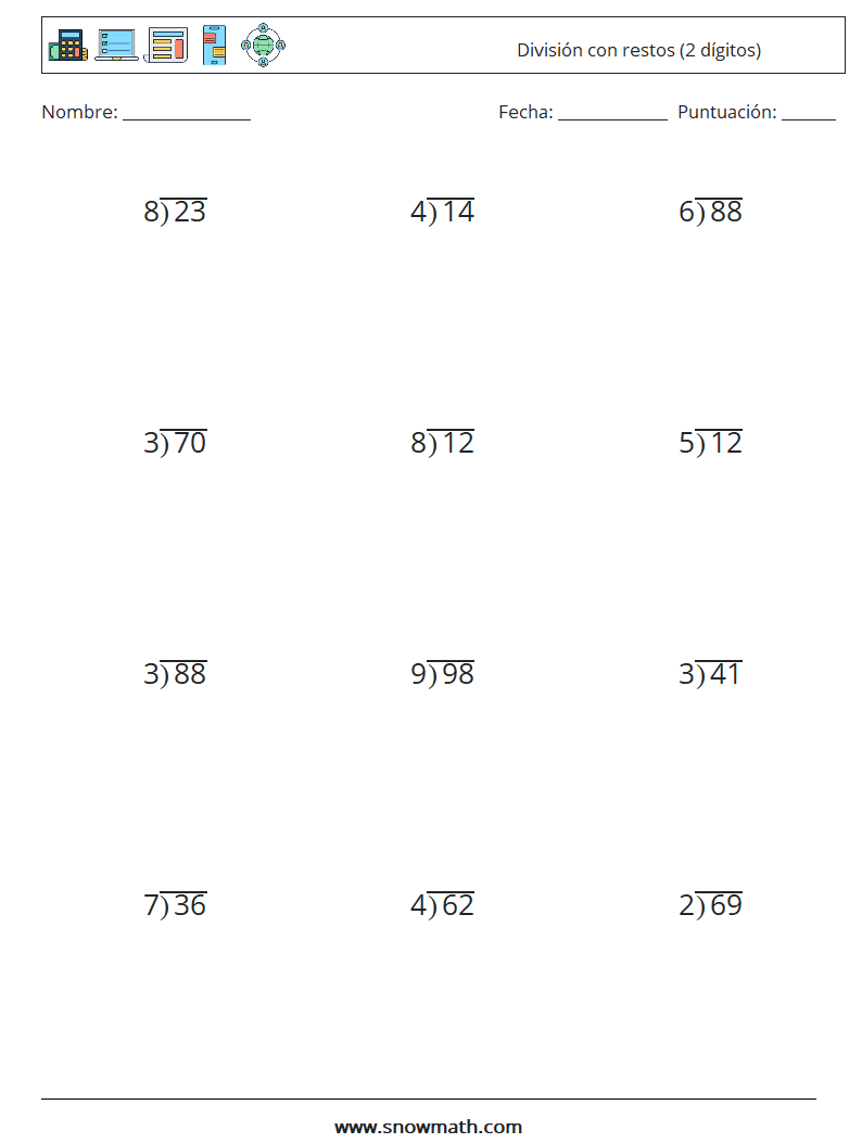 (12) División con restos (2 dígitos) Hojas de trabajo de matemáticas 2