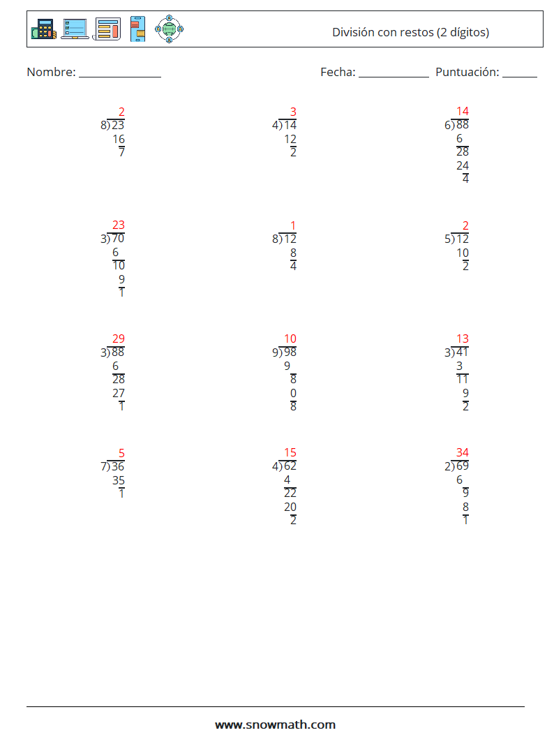 (12) División con restos (2 dígitos) Hojas de trabajo de matemáticas 2 Pregunta, respuesta