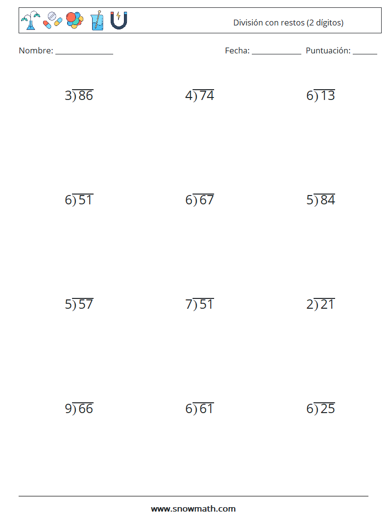 (12) División con restos (2 dígitos) Hojas de trabajo de matemáticas 5