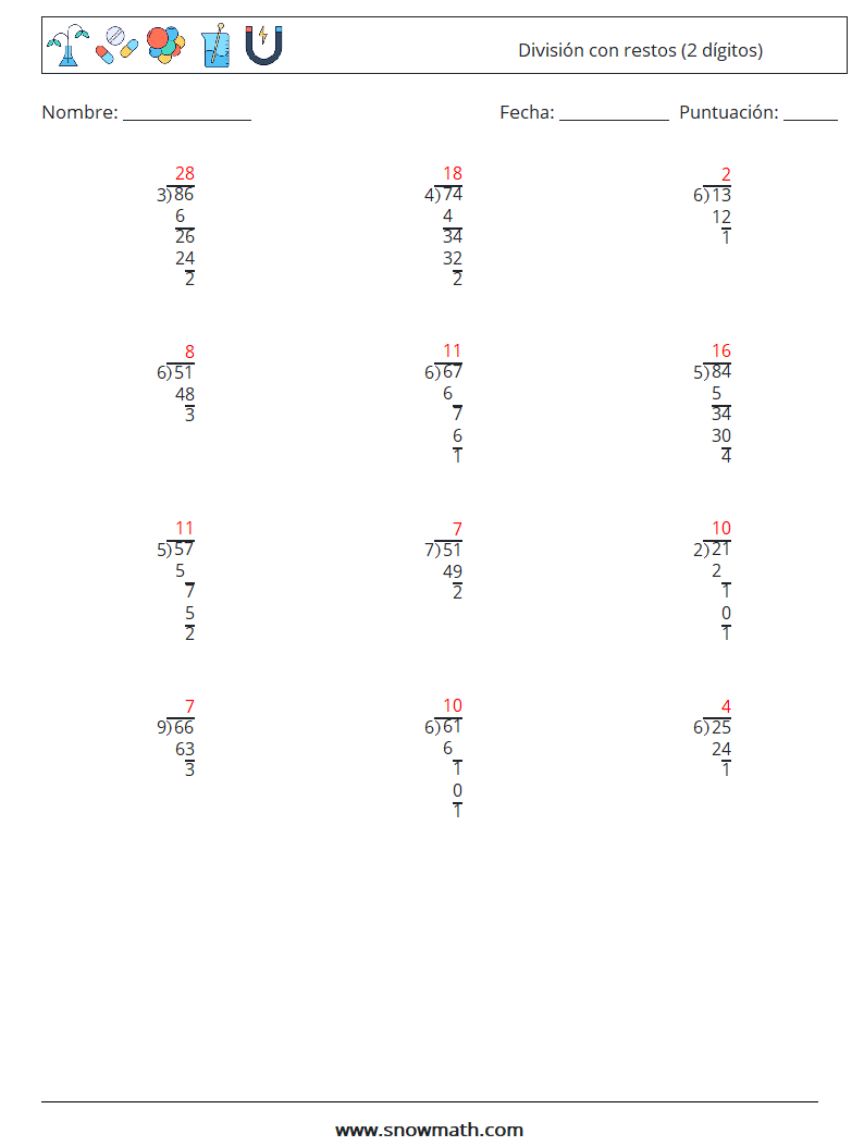 (12) División con restos (2 dígitos) Hojas de trabajo de matemáticas 5 Pregunta, respuesta