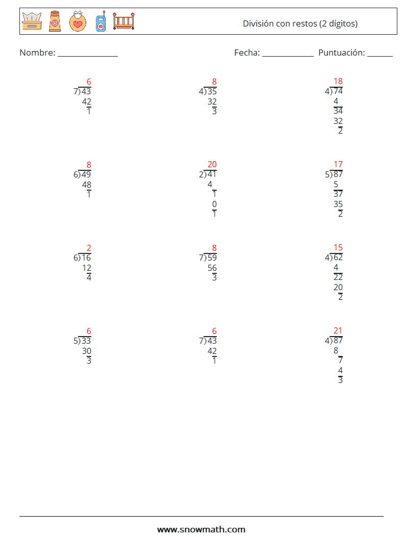 (12) División con restos (2 dígitos) Hojas de trabajo de matemáticas 6 Pregunta, respuesta