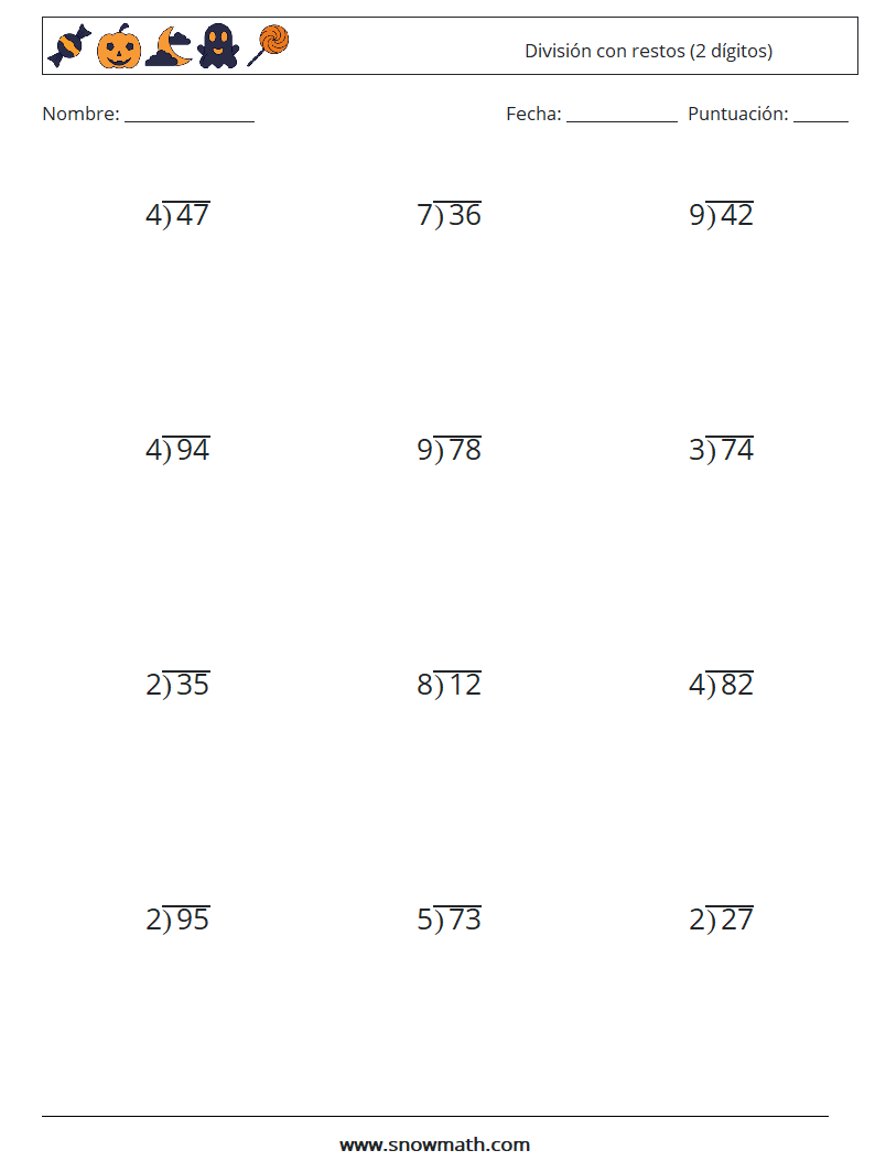 (12) División con restos (2 dígitos) Hojas de trabajo de matemáticas 7