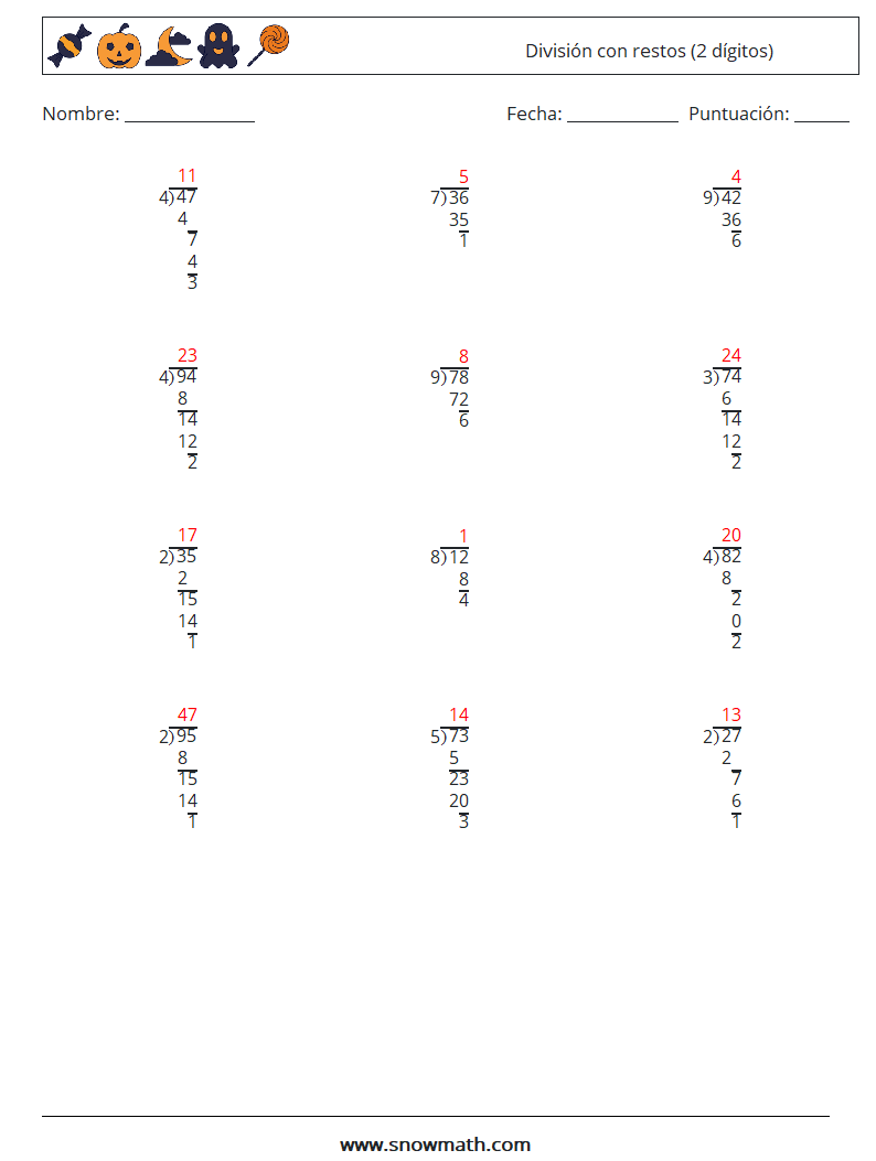 (12) División con restos (2 dígitos) Hojas de trabajo de matemáticas 7 Pregunta, respuesta