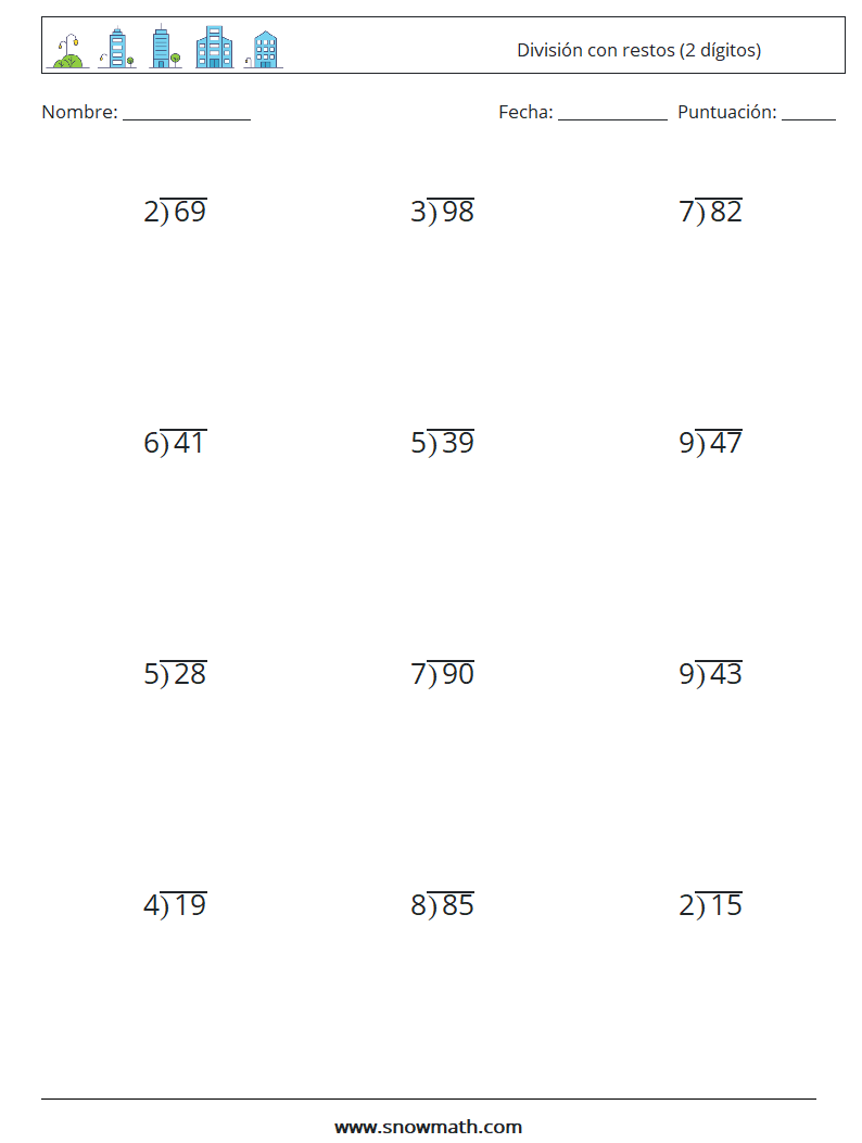 (12) División con restos (2 dígitos) Hojas de trabajo de matemáticas 9