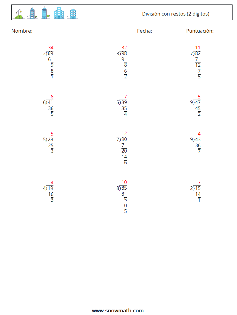 (12) División con restos (2 dígitos) Hojas de trabajo de matemáticas 9 Pregunta, respuesta