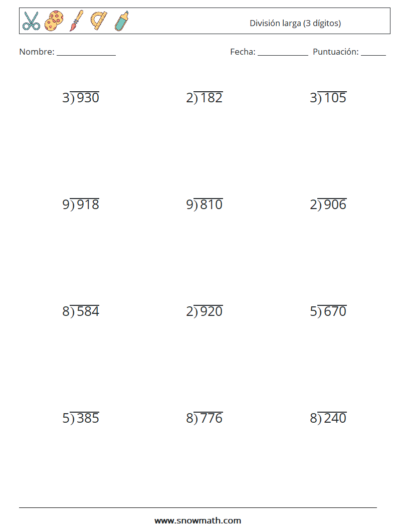 (12) División larga (3 dígitos) Hojas de trabajo de matemáticas 10