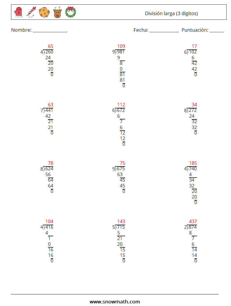 (12) División larga (3 dígitos) Hojas de trabajo de matemáticas 11 Pregunta, respuesta