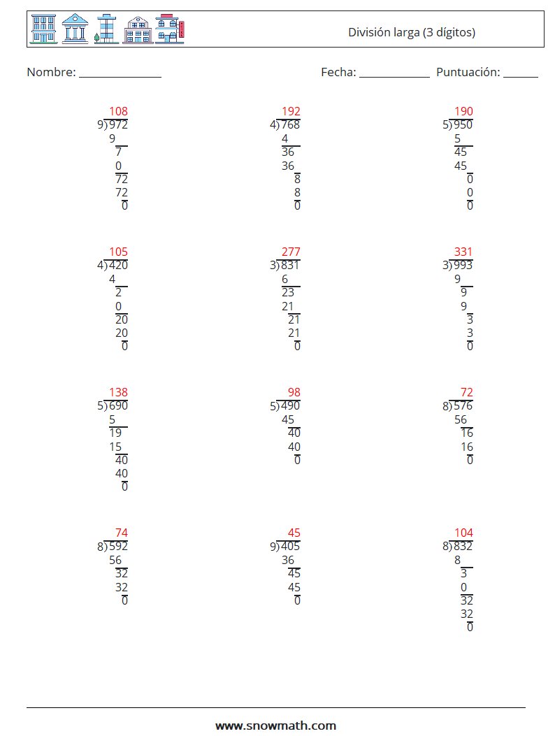 (12) División larga (3 dígitos) Hojas de trabajo de matemáticas 12 Pregunta, respuesta