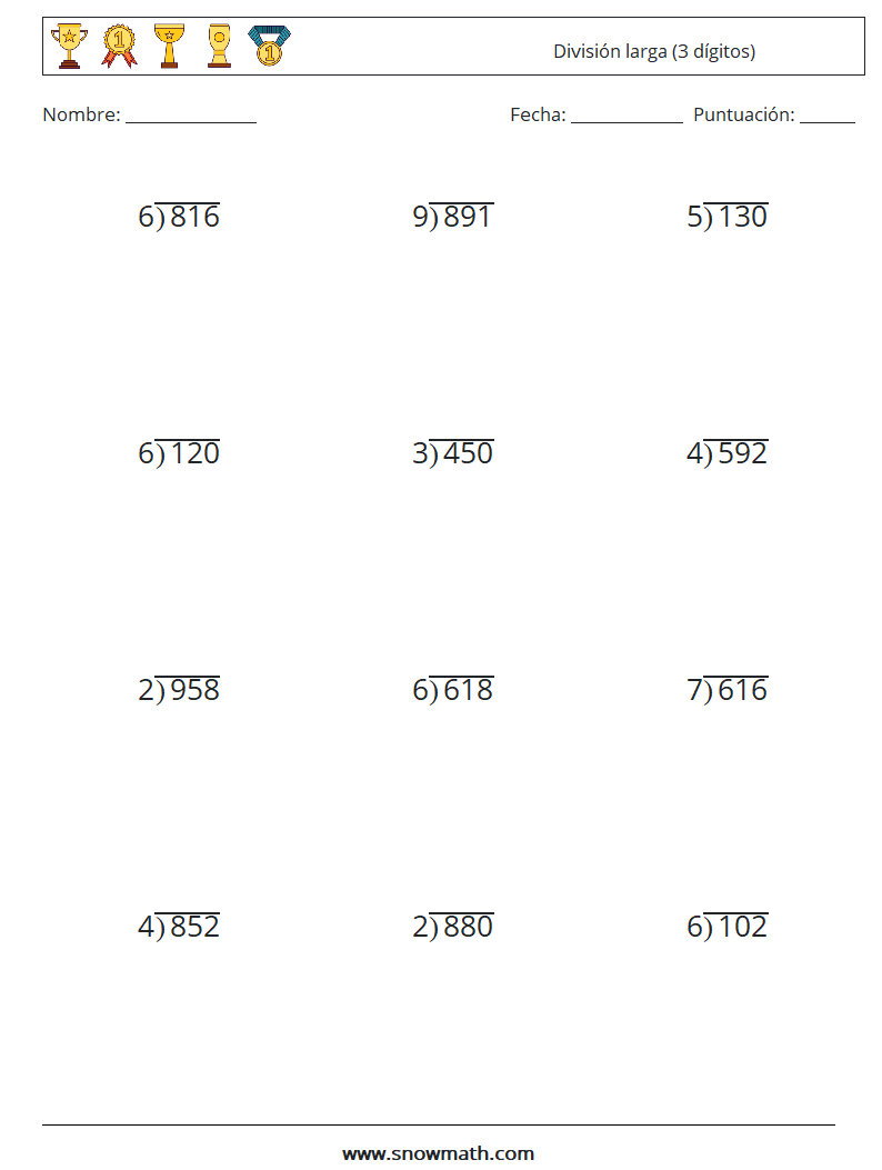 (12) División larga (3 dígitos) Hojas de trabajo de matemáticas 13