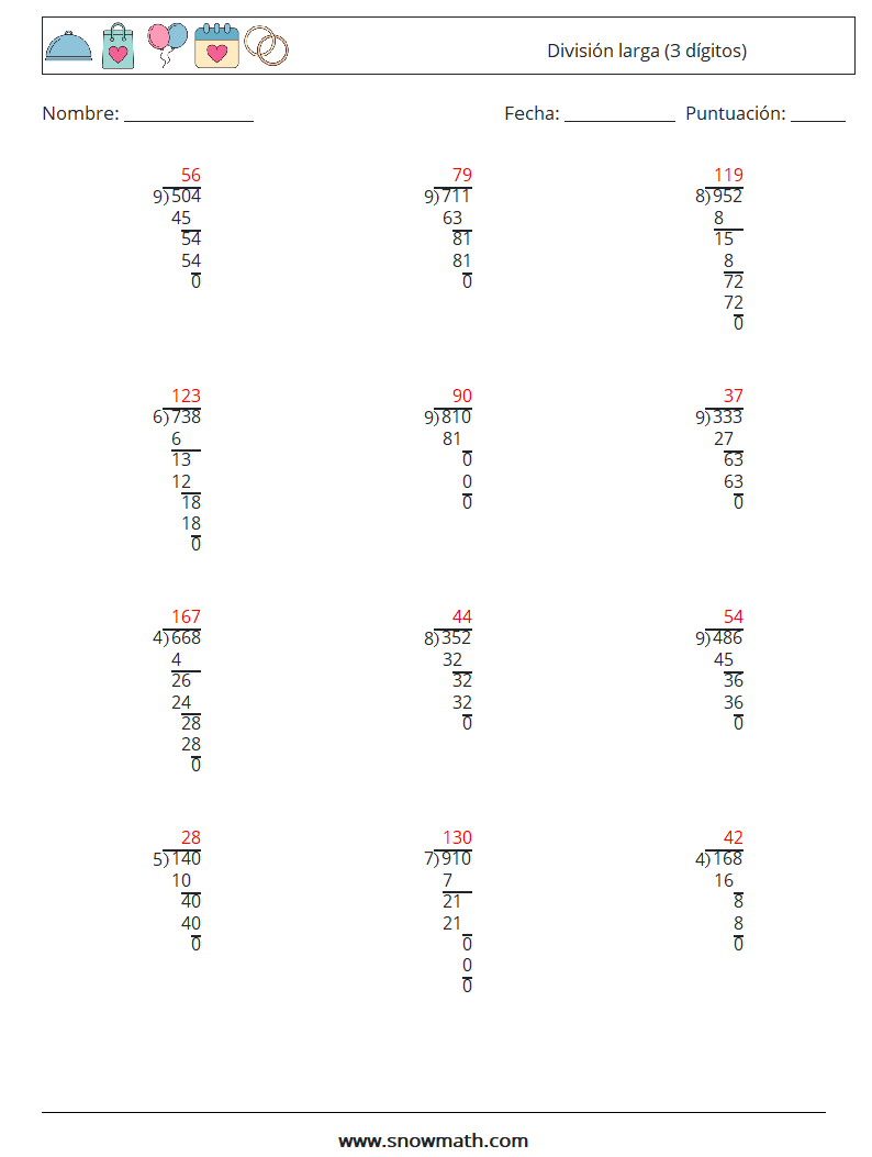 (12) División larga (3 dígitos) Hojas de trabajo de matemáticas 14 Pregunta, respuesta