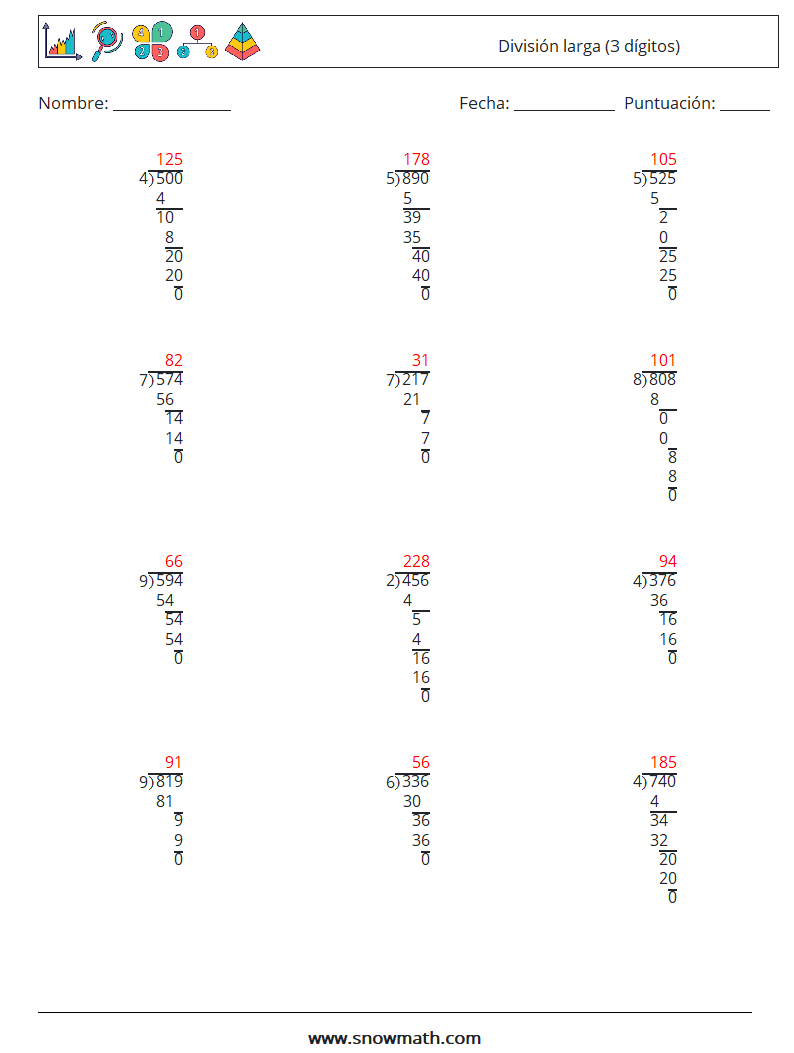 (12) División larga (3 dígitos) Hojas de trabajo de matemáticas 15 Pregunta, respuesta