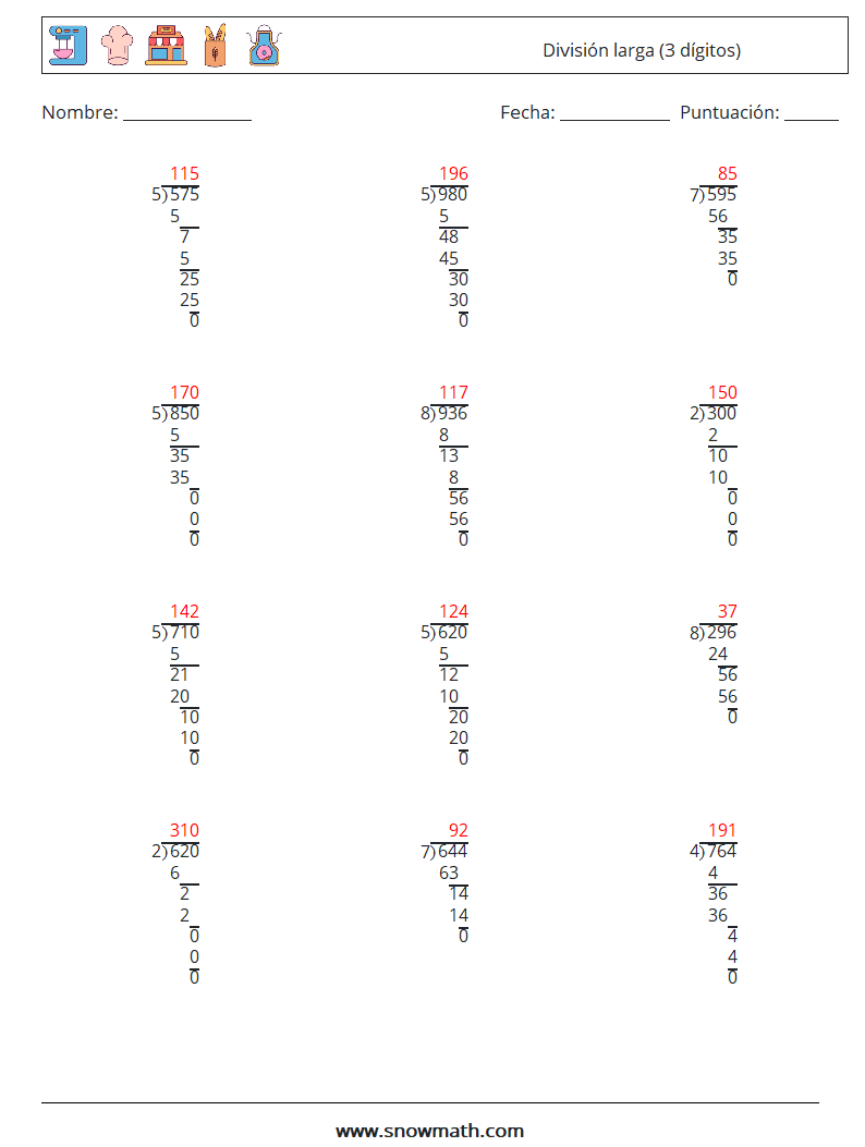 (12) División larga (3 dígitos) Hojas de trabajo de matemáticas 17 Pregunta, respuesta