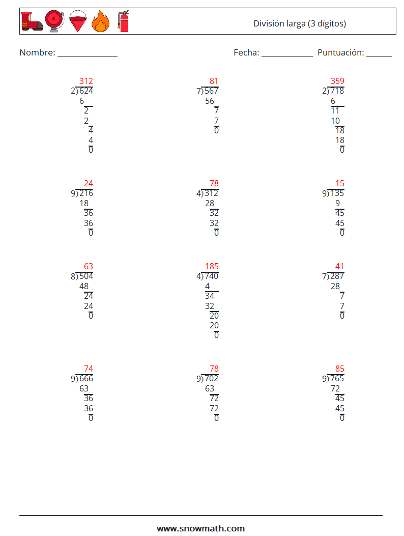 (12) División larga (3 dígitos) Hojas de trabajo de matemáticas 2 Pregunta, respuesta