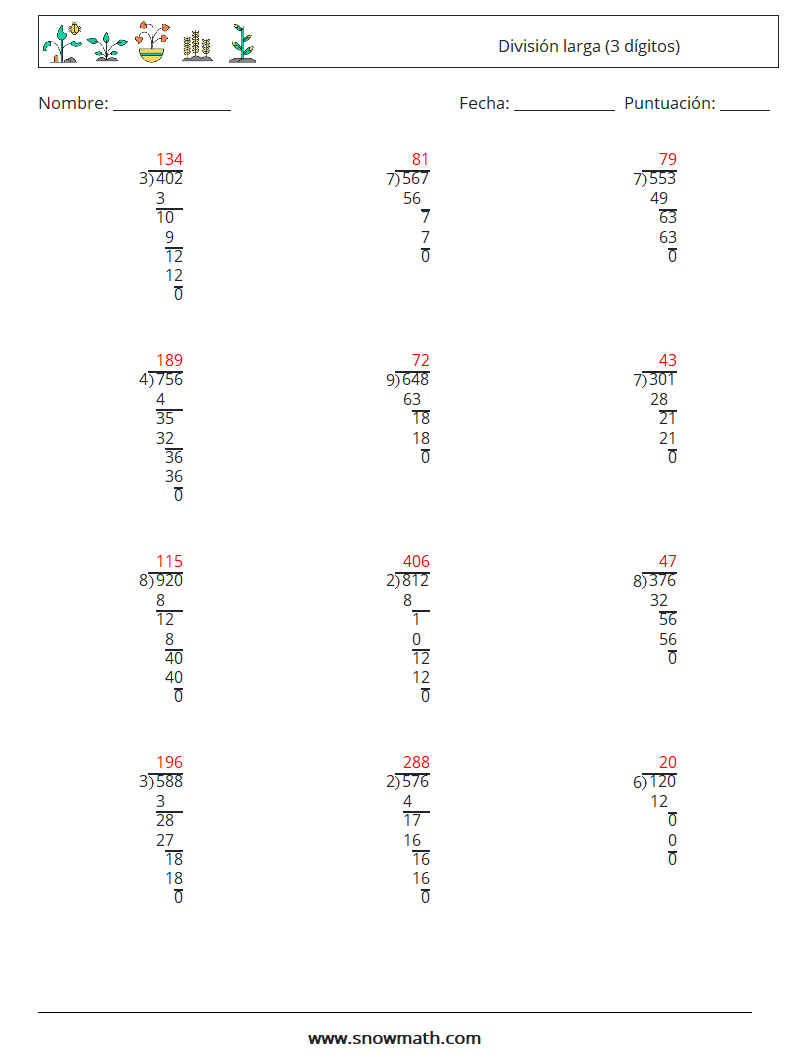 (12) División larga (3 dígitos) Hojas de trabajo de matemáticas 3 Pregunta, respuesta