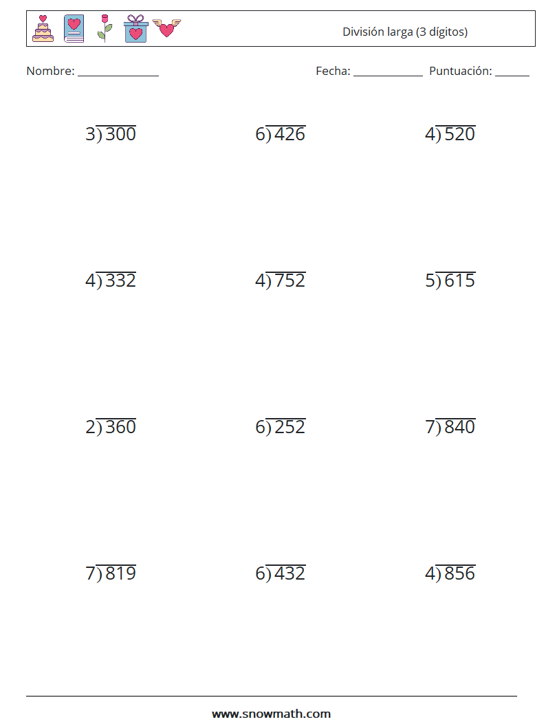 (12) División larga (3 dígitos) Hojas de trabajo de matemáticas 4