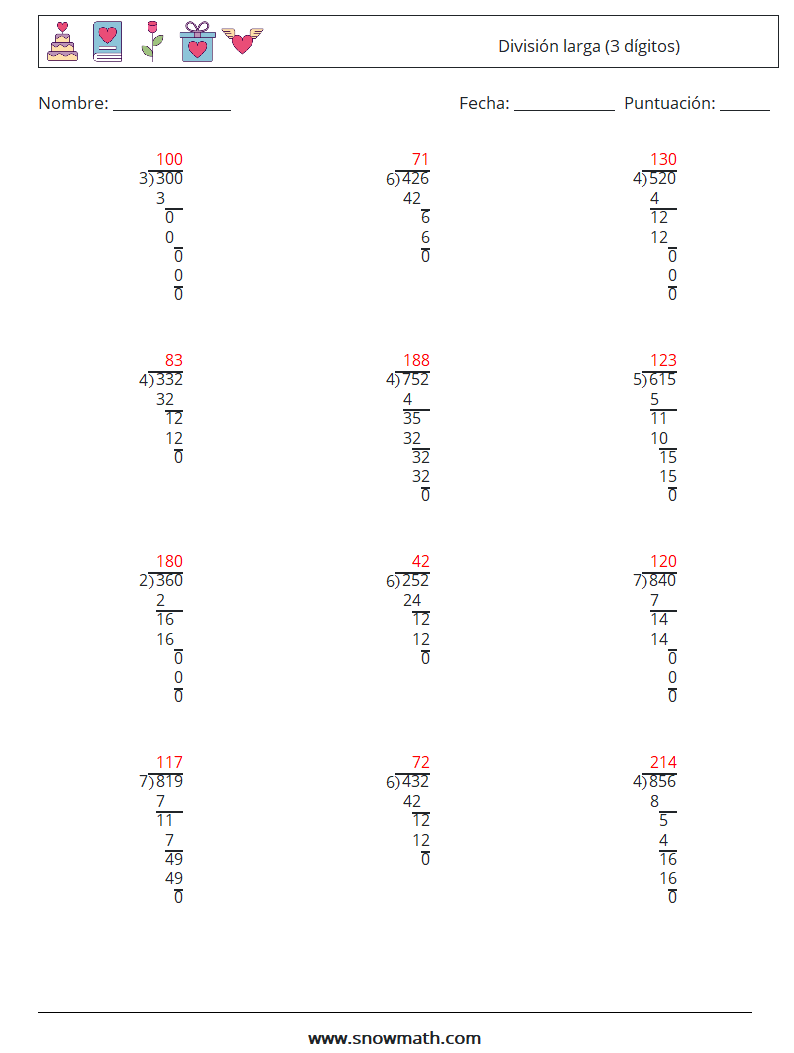 (12) División larga (3 dígitos) Hojas de trabajo de matemáticas 4 Pregunta, respuesta