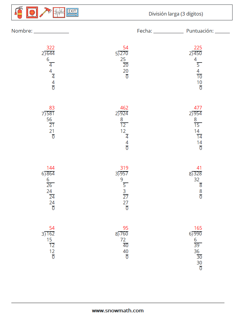 (12) División larga (3 dígitos) Hojas de trabajo de matemáticas 5 Pregunta, respuesta