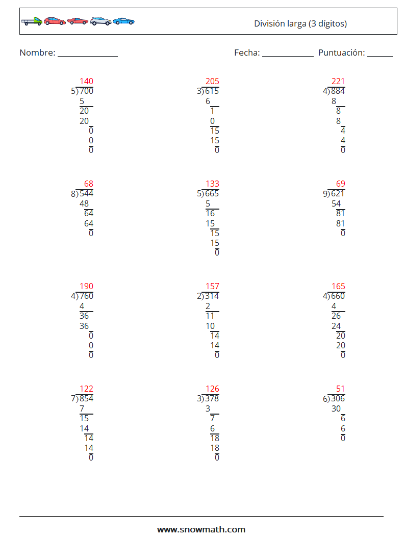 (12) División larga (3 dígitos) Hojas de trabajo de matemáticas 6 Pregunta, respuesta