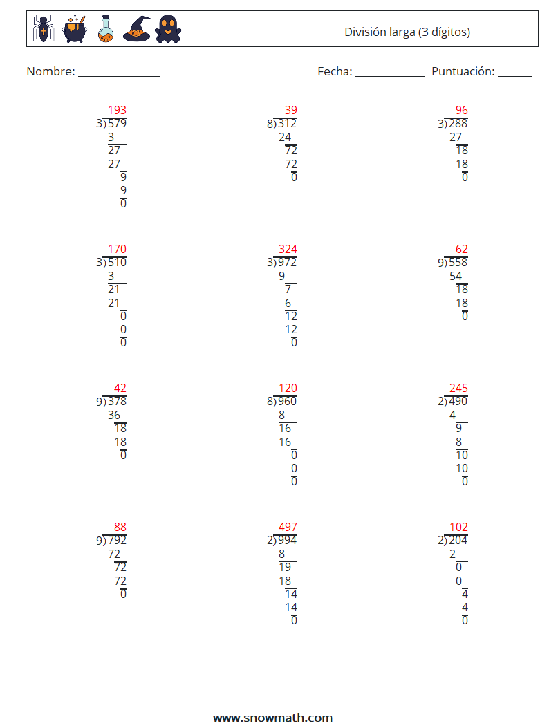 (12) División larga (3 dígitos) Hojas de trabajo de matemáticas 7 Pregunta, respuesta