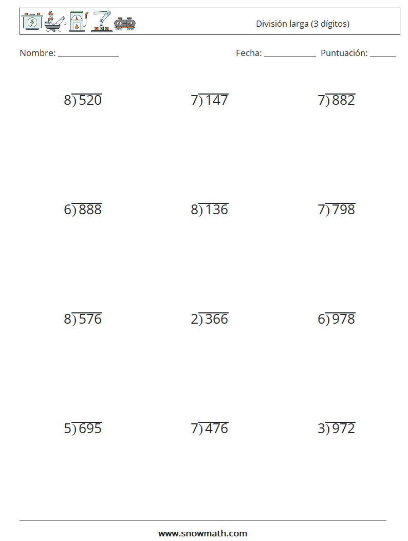 (12) División larga (3 dígitos) Hojas de trabajo de matemáticas 8