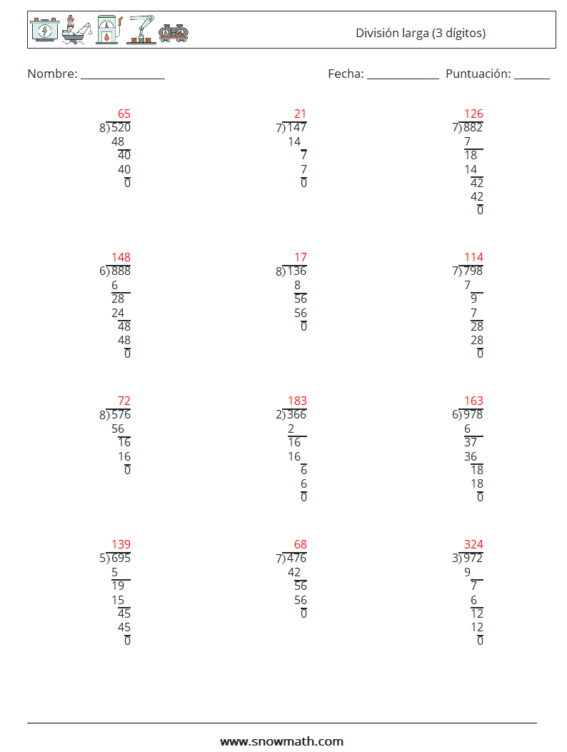 (12) División larga (3 dígitos) Hojas de trabajo de matemáticas 8 Pregunta, respuesta